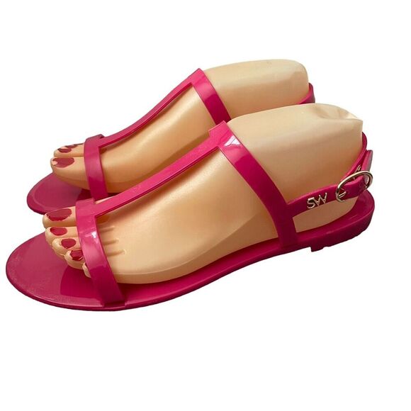 Stuart Weitzman Sandals 9 Pink Jelly Rubber Ankle T-Strap Mellie Resort - Picture 1 of 12